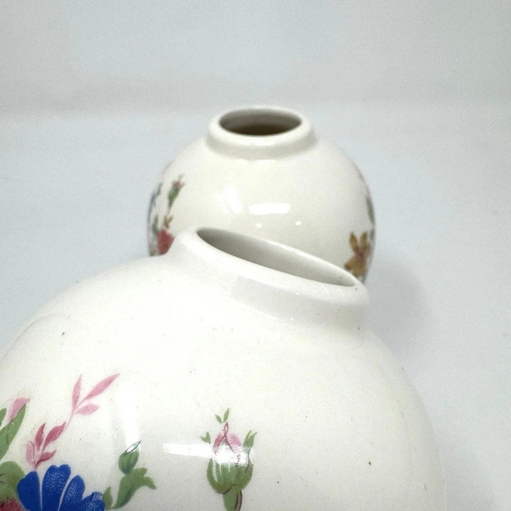Old South Floral Bud Vase Pair White Ceramic Pink Blue Flowers Gold Trim